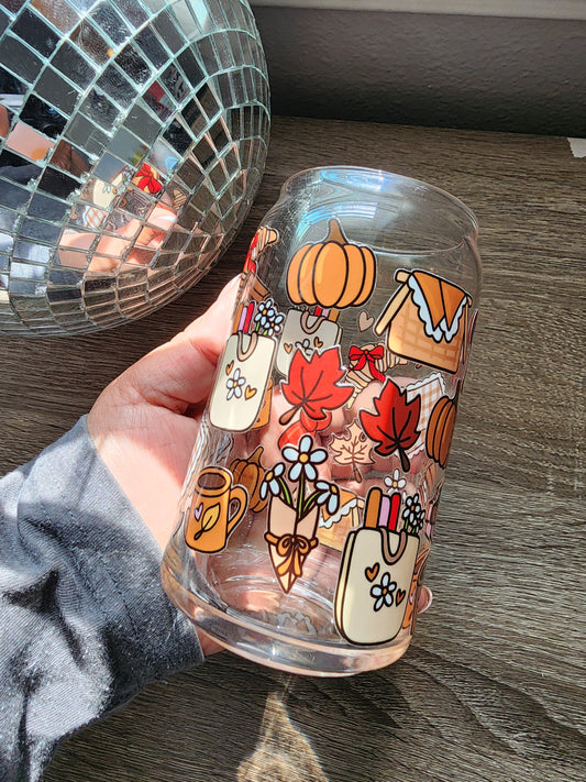 Autumn Bookish Picnic 16oz glass can| Autumn| Fall Bookish| Pumpkins Books| Cute Glass Can|Glass Tumbler w/Straw & Lid|