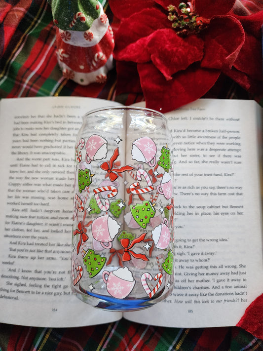 Christmas Hot Cocoa 16oz glass can| Winter| Christmas| Cute Glass Can|Glass Tumbler w/Straw & Lid|