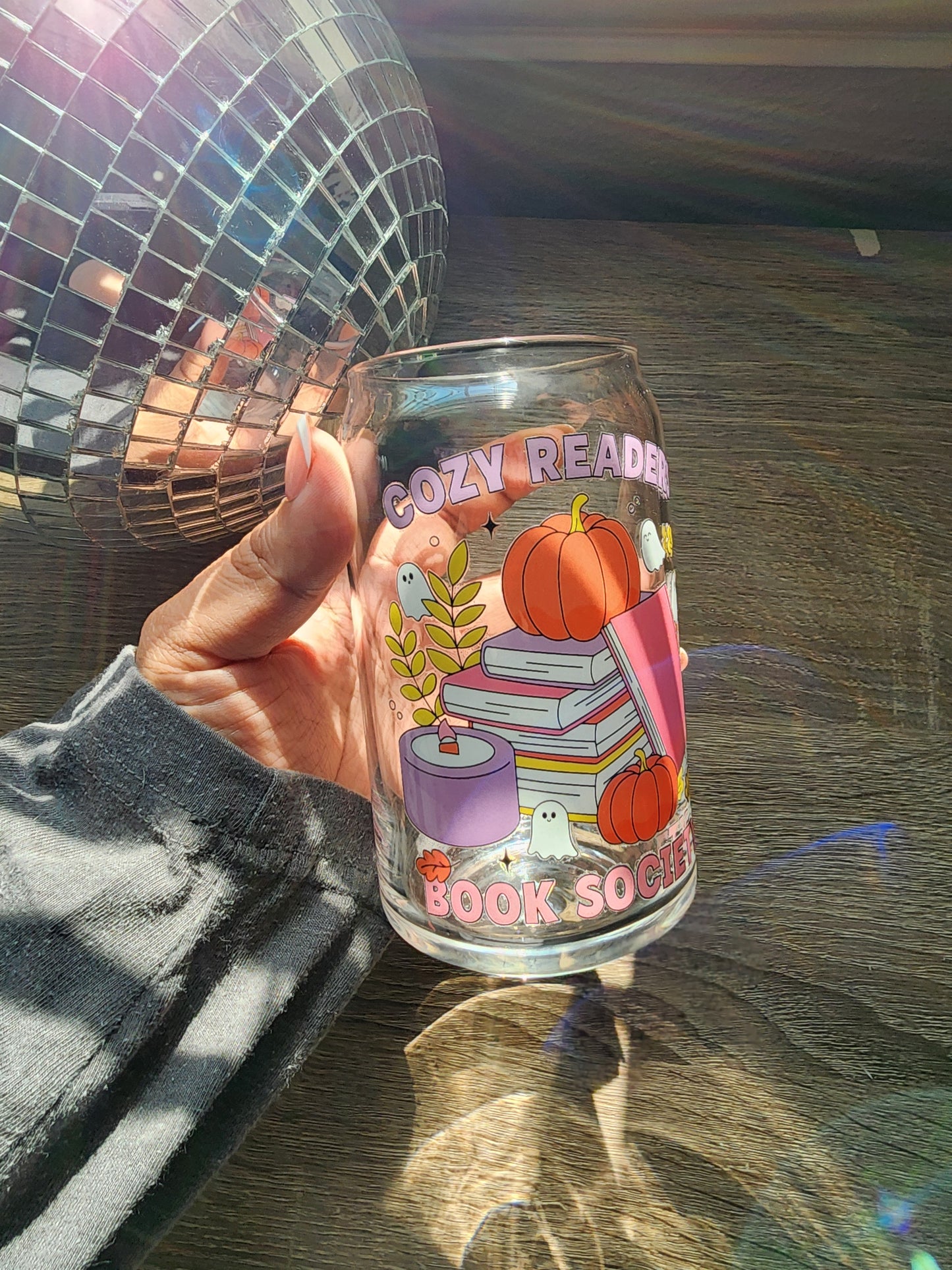 Cozy Reader Book Society 16oz glass can| Autumn| Fall Bookish| Pumpkins Books| Cute Glass Can|Glass Tumbler w/Straw & Lid|