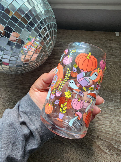 Pumpkin Bookstore 16oz glass can| Autumn| Fall Bookish| Pumpkins Books| Cute Glass Can|Glass Tumbler w/Straw & Lid|