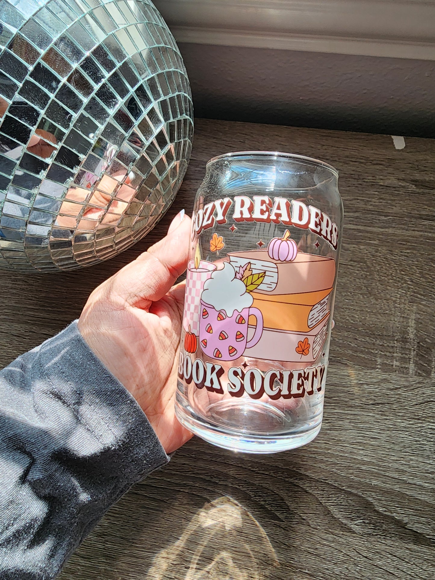 Cozy Readers Book Society 16oz glass can| Autumn| Fall Bookish| Cute Glass Can|Glass Tumbler w/Straw & Lid|