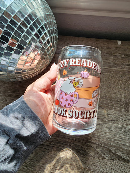 Cozy Readers Book Society 16oz glass can| Autumn| Fall Bookish| Cute Glass Can|Glass Tumbler w/Straw & Lid|