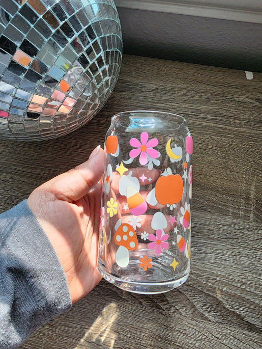 Pumpkins & Candy Corn Girly 16oz glass can| Autumn| Fall Bookish| Pumpkins Books| Cute Glass Can|Glass Tumbler w/Straw & Lid|