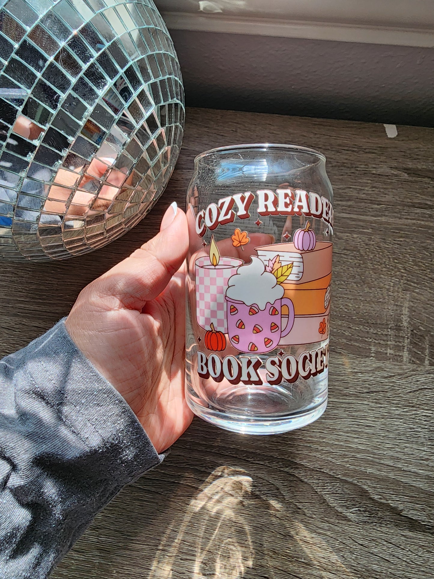 Cozy Readers Book Society 16oz glass can| Autumn| Fall Bookish| Cute Glass Can|Glass Tumbler w/Straw & Lid|