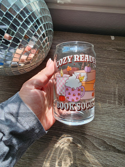 Cozy Readers Book Society 16oz glass can| Autumn| Fall Bookish| Cute Glass Can|Glass Tumbler w/Straw & Lid|