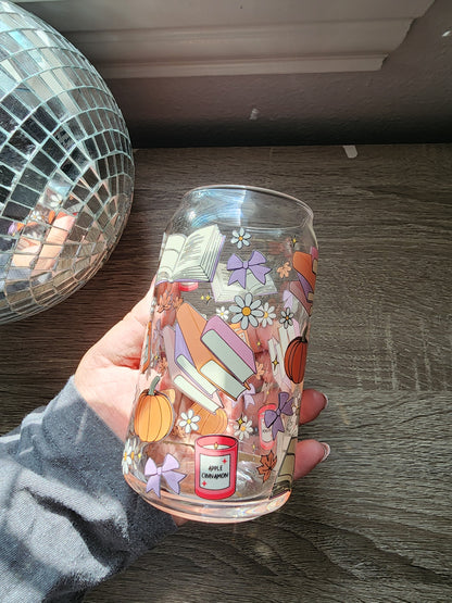 Fall Bookish 16oz glass can| Autumn| Fall Bookish| Pumpkins Books| Cute Glass Can|Glass Tumbler w/Straw & Lid|