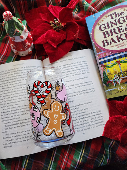 Gingerbread Christmas 16oz glass can| Winter| Christmas| Cute Glass Can|Glass Tumbler w/Straw & Lid|