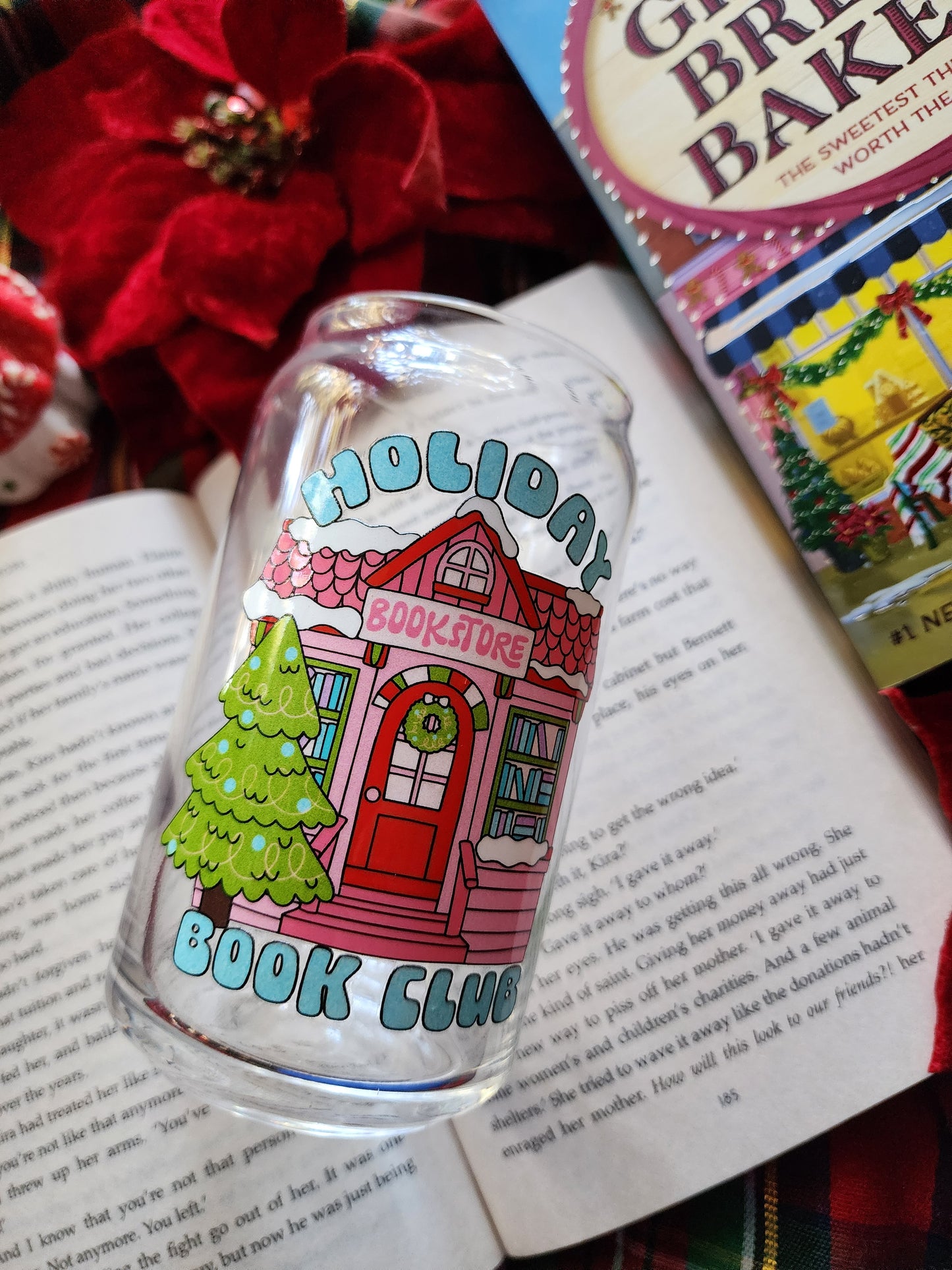 Holiday Book Club 16oz glass can| Winter| Christmas| Cute Glass Can|Glass Tumbler w/Straw & Lid|