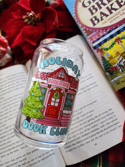 Holiday Book Club 16oz glass can| Winter| Christmas| Cute Glass Can|Glass Tumbler w/Straw & Lid|