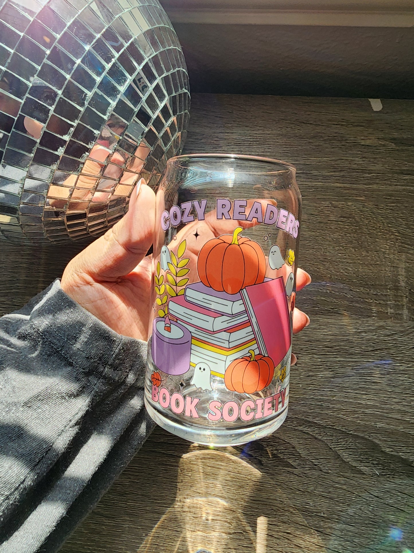 Cozy Reader Book Society 16oz glass can| Autumn| Fall Bookish| Pumpkins Books| Cute Glass Can|Glass Tumbler w/Straw & Lid|