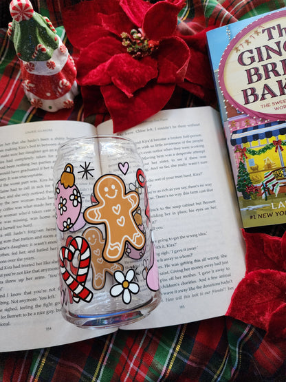 Gingerbread Christmas 16oz glass can| Winter| Christmas| Cute Glass Can|Glass Tumbler w/Straw & Lid|