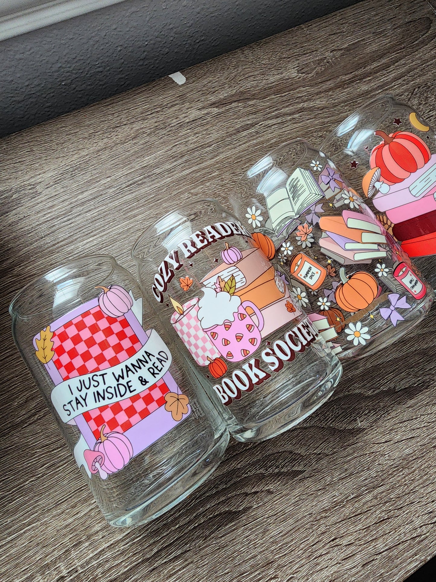 Cozy Readers Book Society 16oz glass can| Autumn| Fall Bookish| Cute Glass Can|Glass Tumbler w/Straw & Lid|