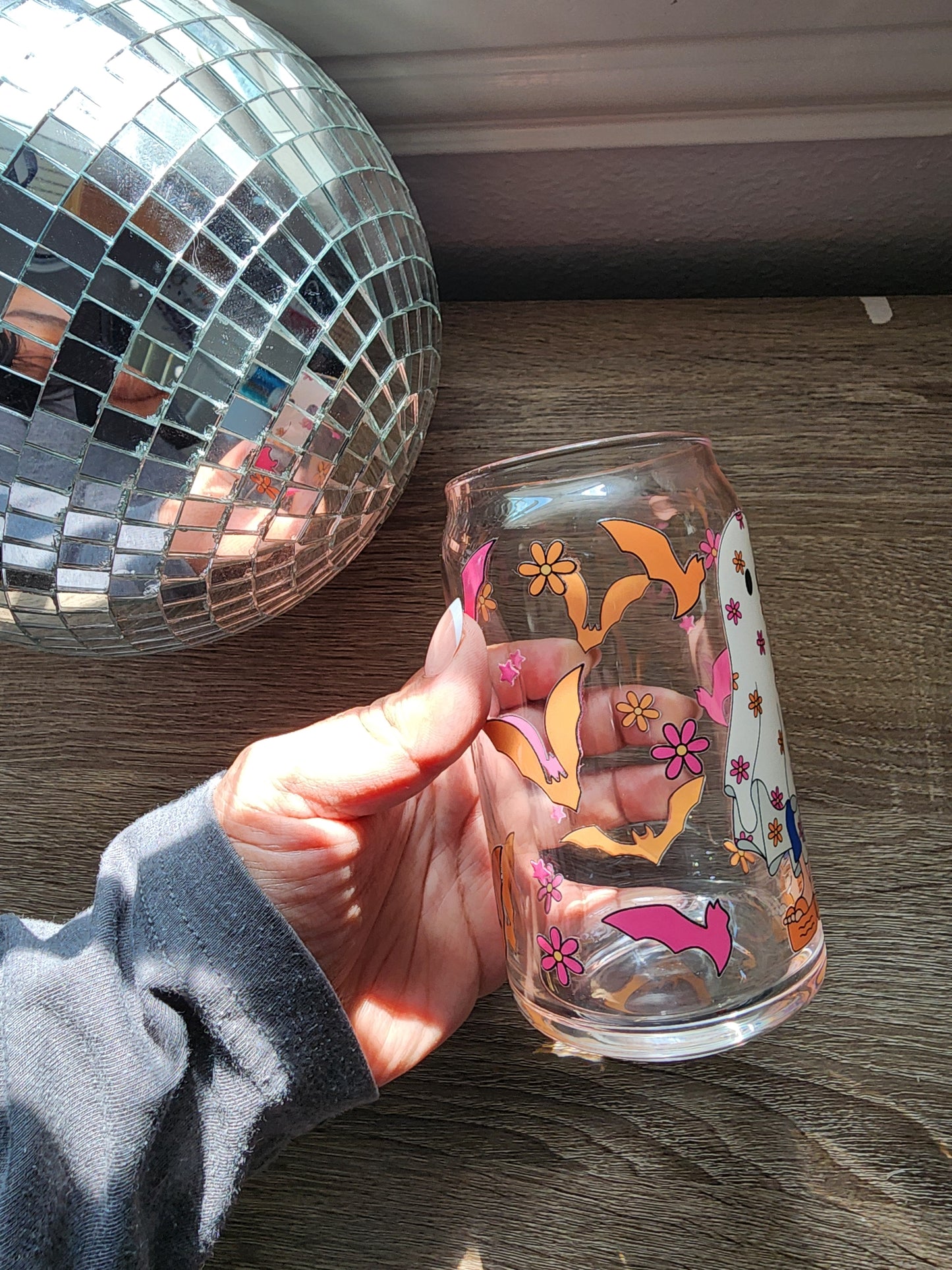 Lizzie M Ghost Girly 16oz glass can| Autumn| Fall Bookish| Pumpkins Books| Cute Glass Can|Glass Tumbler w/Straw & Lid|