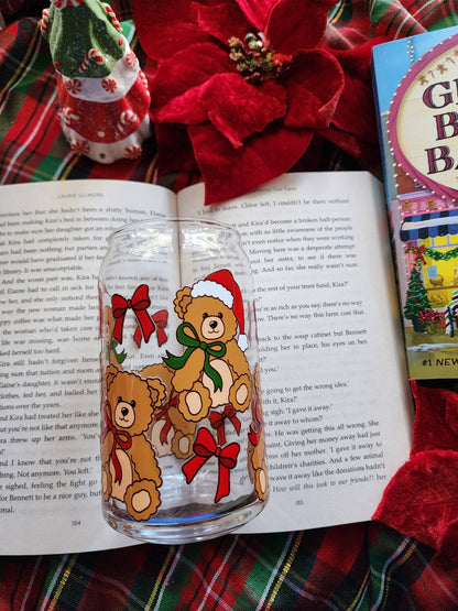 Christmas Teddy 16oz glass can| Winter| Christmas| Cute Glass Can|Glass Tumbler w/Straw & Lid|