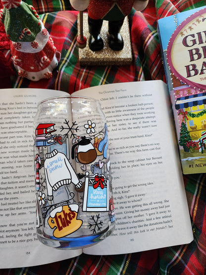 Stars Hollow Winter 16oz glass can| Winter| Christmas| Cute Glass Can|Glass Tumbler w/Straw & Lid|