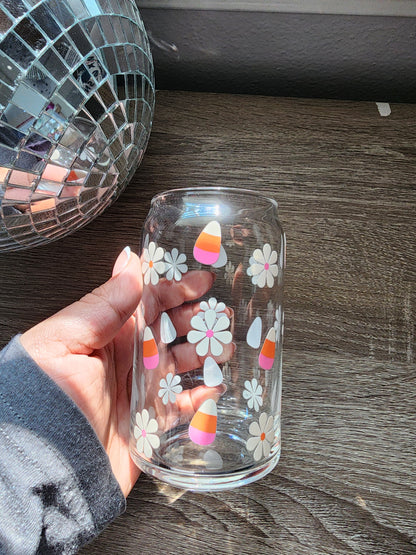 Daisies & Candy Corn Girly 16oz glass can| Autumn| Fall Bookish| Pumpkins Books| Cute Glass Can|Glass Tumbler w/Straw & Lid|